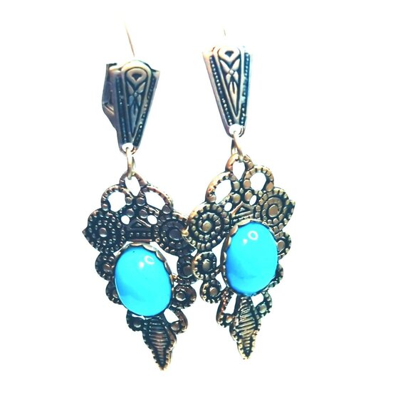 Vintage Spanish Filigree Dangle Earrings With Turquoise Stones Boho Style - Picture 5 of 5